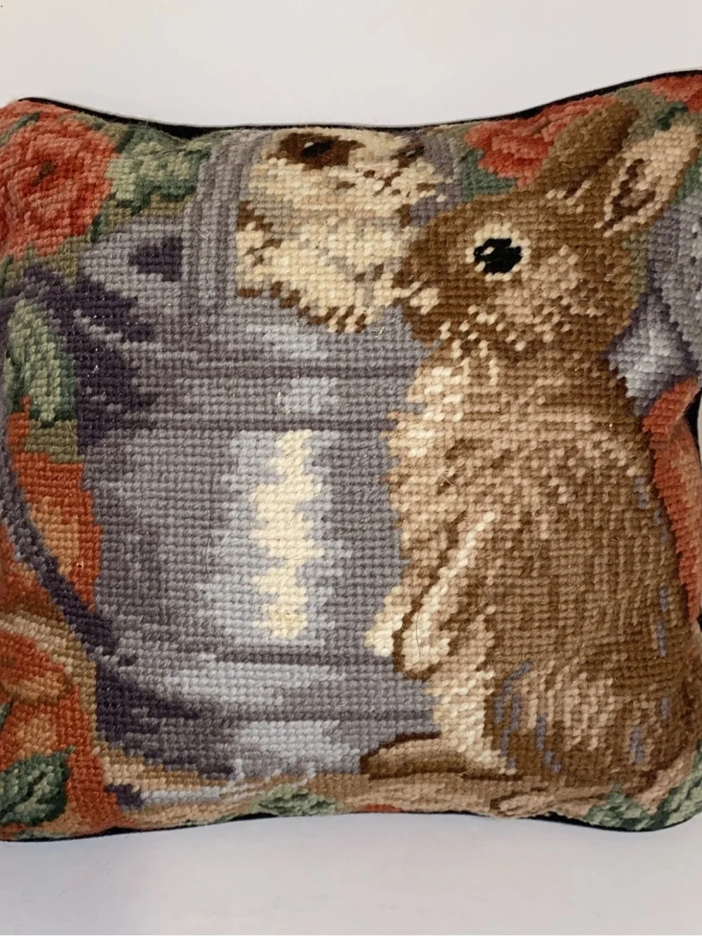 Vintage Needlepoint Pillow Rabbits Bunnies Watering Can Accent Pillow 9